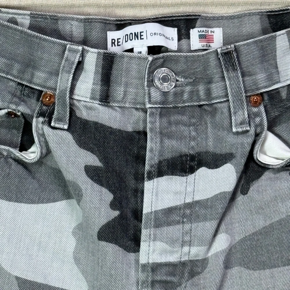 RE/DONE Original Grey Camo High Rise Ankle Crop Stretch Jeans Size 26 Button Fly